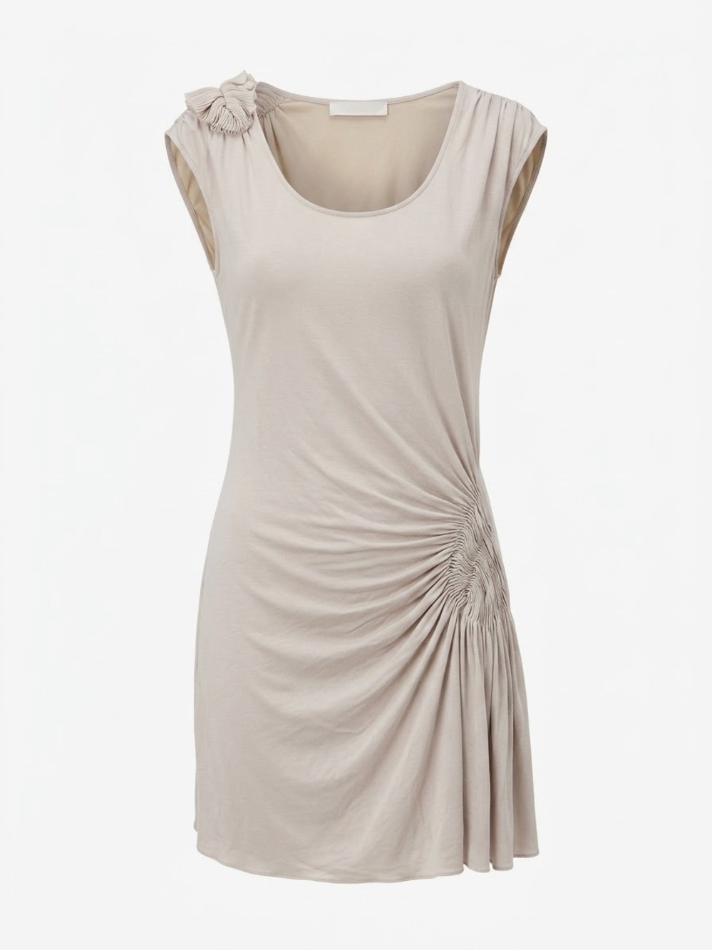 Taupe Beige Sleeveless Ruched Y2K Mini Dress Shoulder Ruched Rosette Applique M